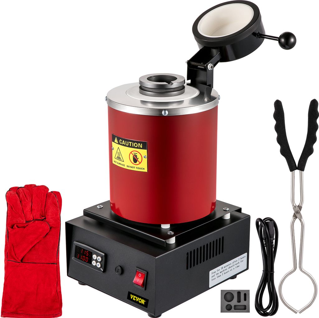 A digital gold melting furnace kit with accessories, including gloves, tongs, and a power cord, displayed against a white background.