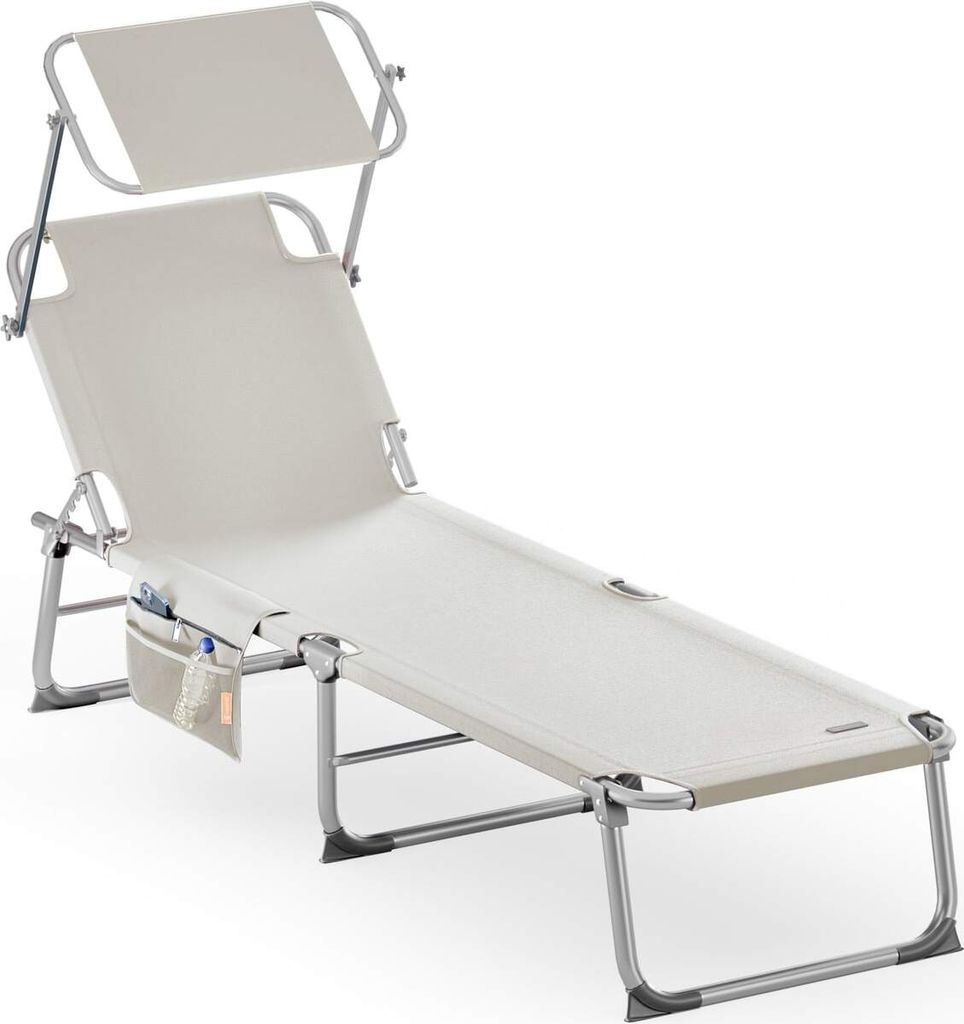 CASARIA Sonnenliege Klappbar Wetterfest Alu Gartenliege Mit Dach Seitentasche 150kg Belastbar 190x60cm Liegestuhl Relaxliege Garten Klappliege Creme