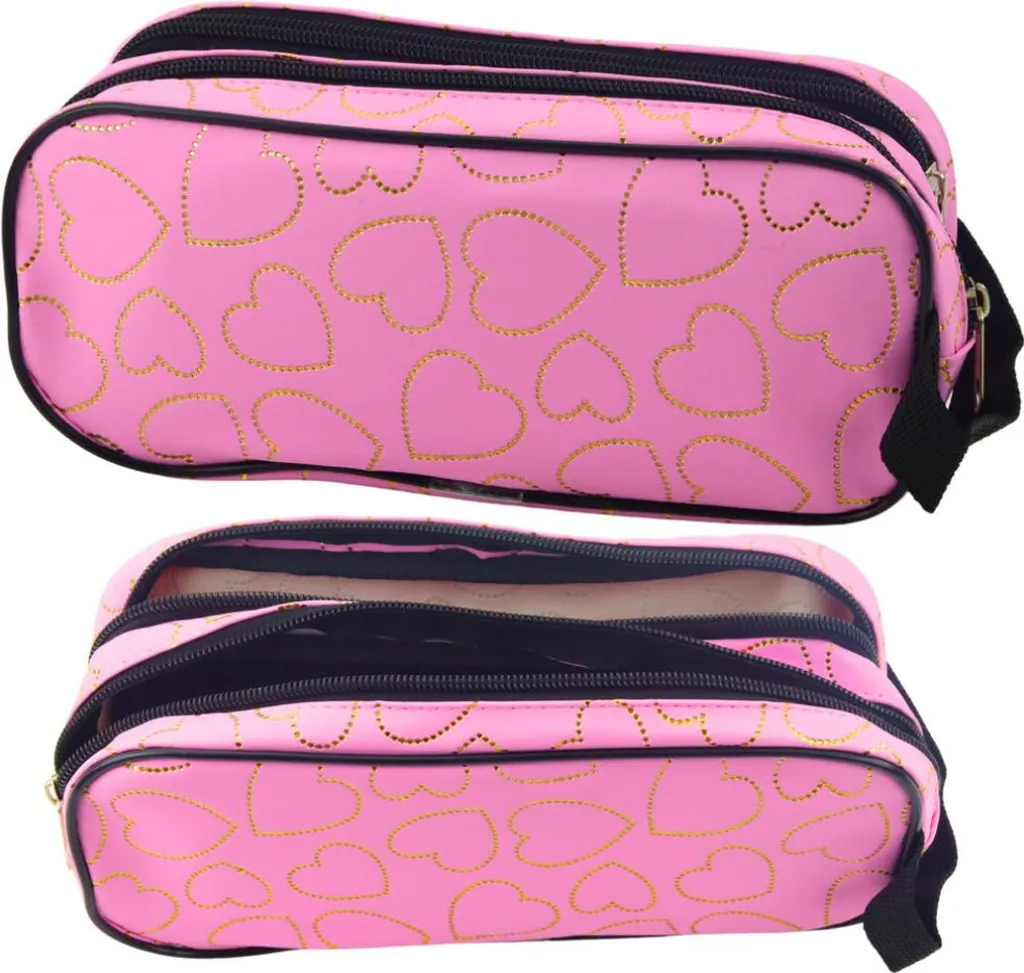 Astuccio per scuola e ufficio, con due scomparti, cuori dorati, rosa, 23,5x10 cm
