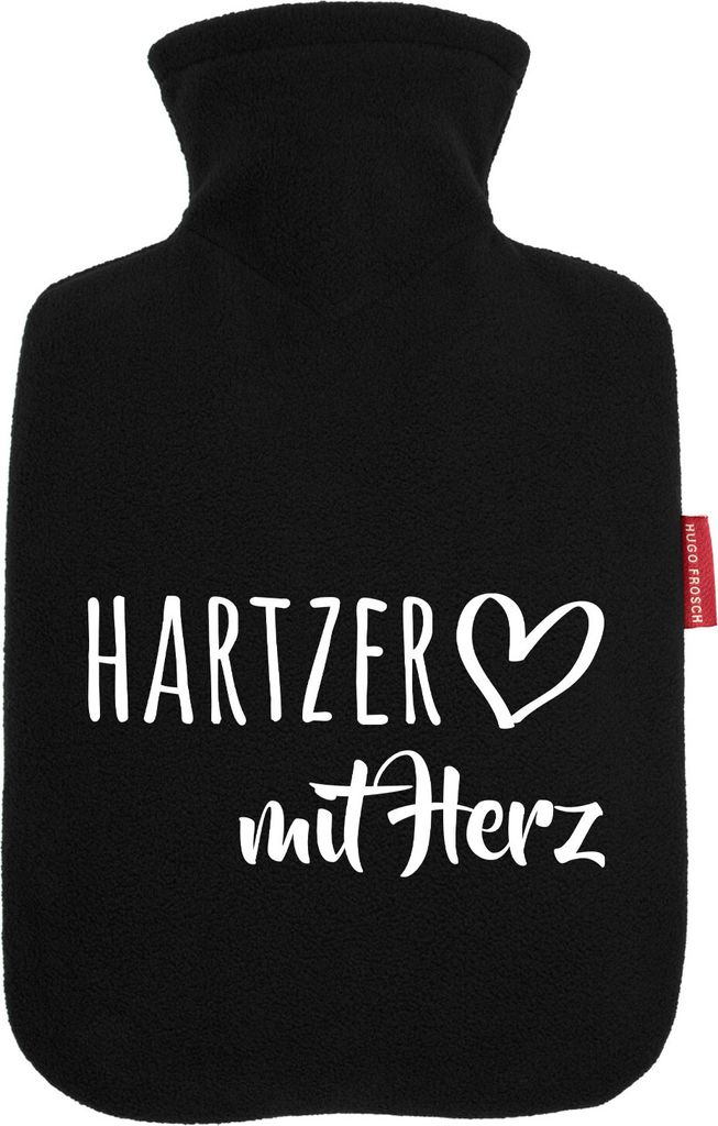 Huuraa Wärmflasche Hartzer mit Herz 1,8 Liter Black Classic Veloursbezug Bettflasche Geschenkidee