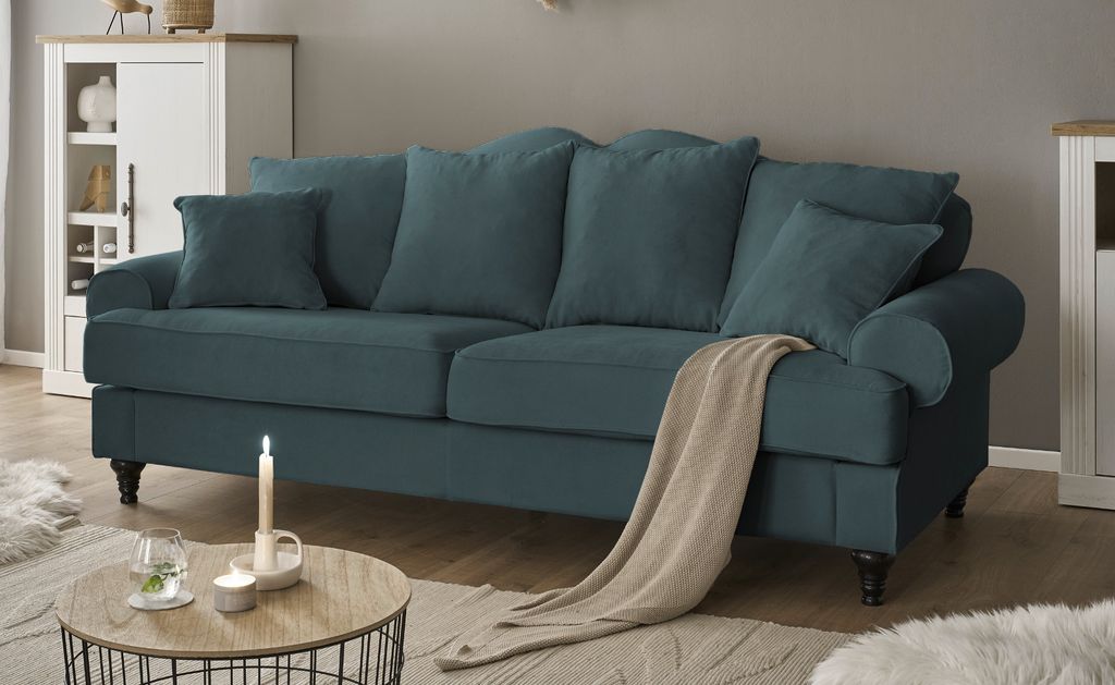 Sofa "Adelina" in blaugrün Landhaus Couch 3,5-Sitzer 230 cm
