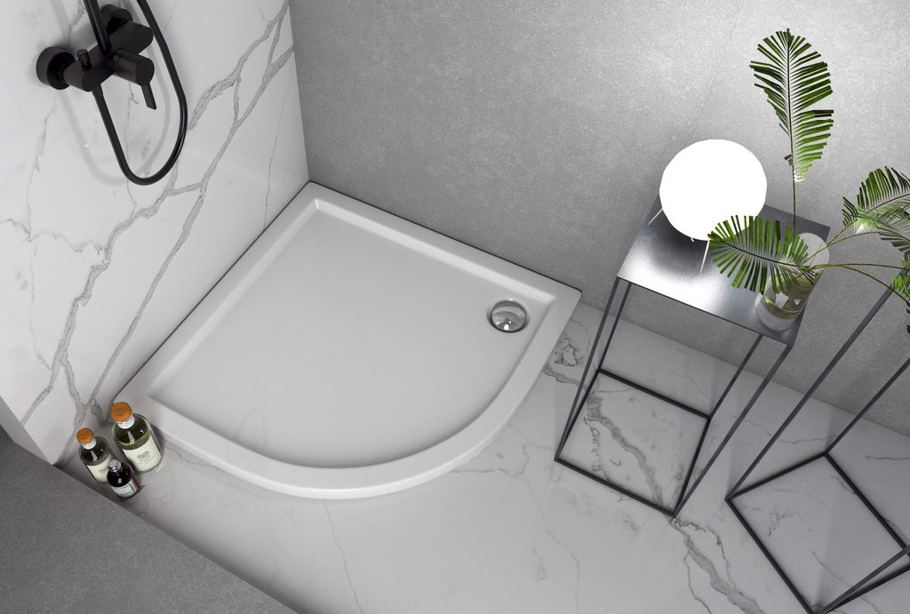 ECOLAM stabile Duschwanne Duschtasse Caspar Viertelkreis flach 80x80 x 5 cm Tiefe 3 cm R55 Acryl weiß + Siphon