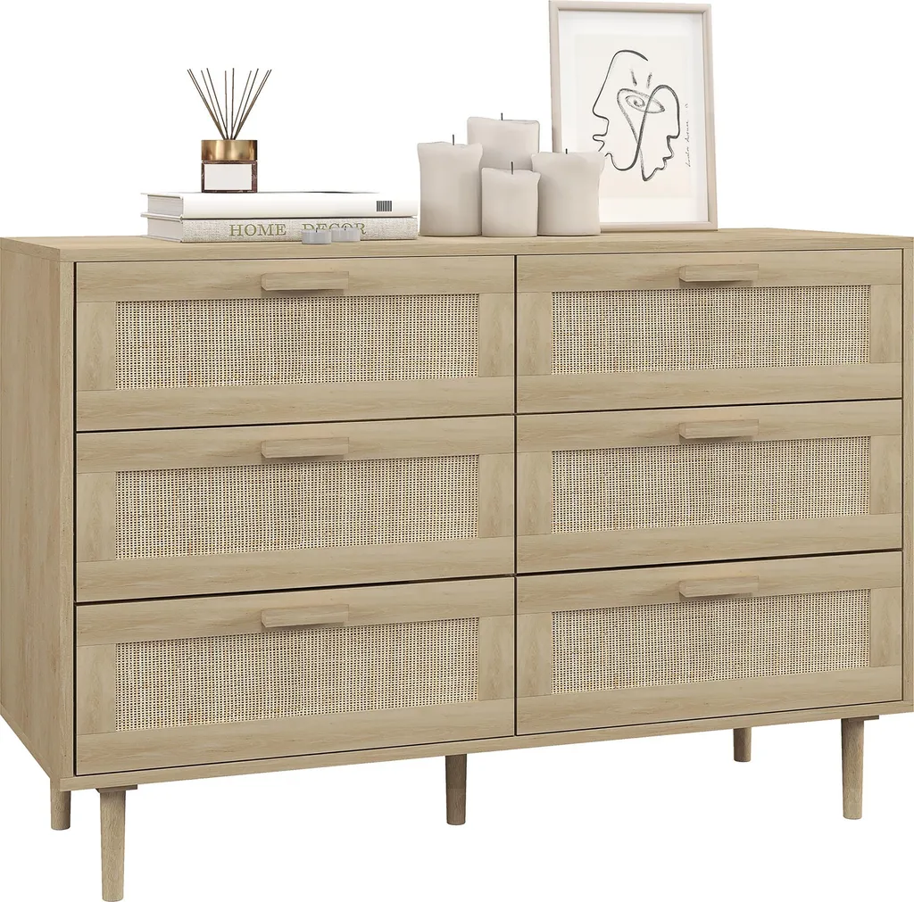 Commode Rangement Anti-Désordre 6 Tiroirs Rotin et Bois 110 cm