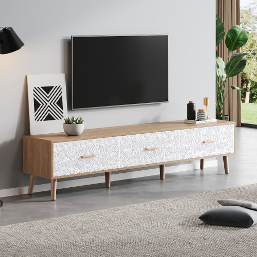Lowboard 150 x 39 x 35 cm Weiss helles Holz Spanplatte Retro-Holz helles Holz weisse Tuerverkleidung mit Retro-Muster TV Low Panel Vintage Vintage