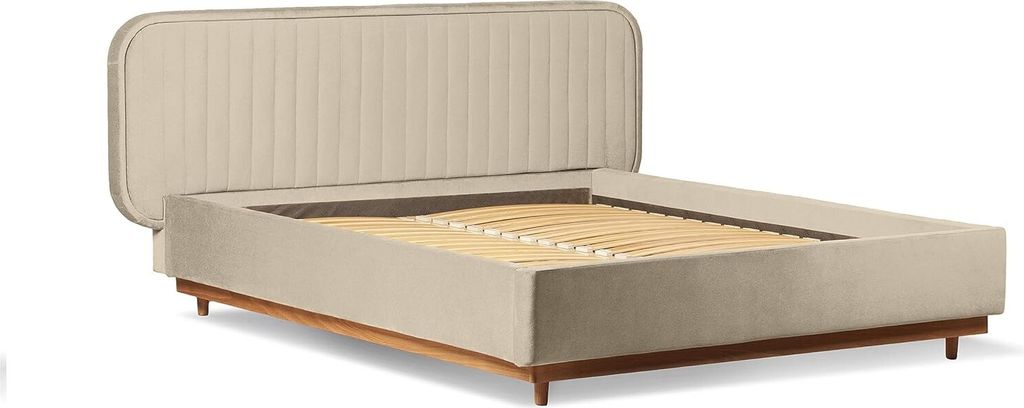 Delikate Gepolstertes Bett mit Kopfteil - Doppelbett mit Lattenrost - Design Polsterbett im Retro Stil - Schlafzimmer Möbel auf Holzbeinen, Farbe:...