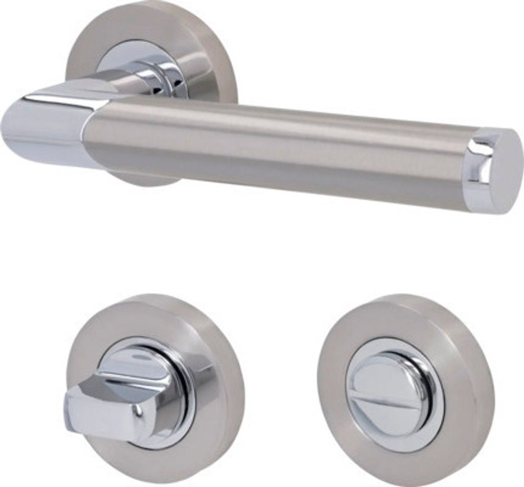 A set of door hardware, including a handle and two rosettes, displayed against a white background.