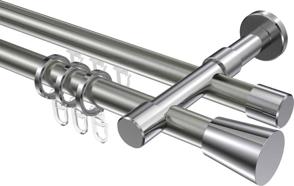 Interdeco Rundrohr-Innenlaufstange / Gardinenstange (Kombination) Edelstahl-Optik / Chrom, Typ Prestige Sitra (Konus), 20 mm Ø 2-läufig, 520 cm