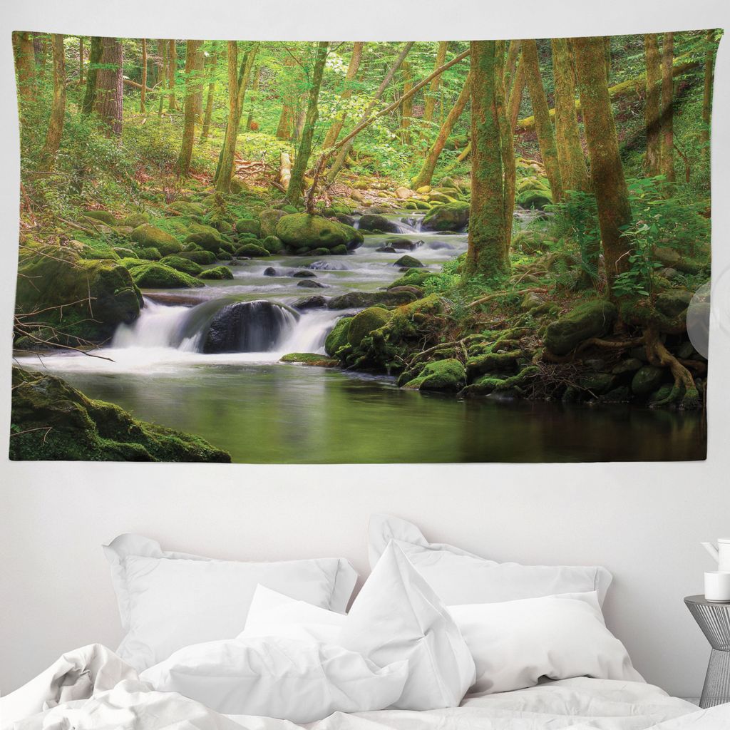 ABAKUHAUS Fluss Wandteppich, Wald über bemooste Felsen aus Weiches Mikrofaser Stoff Waschbar ohne Verblassen Digitaldruck, 230 x 140 cm, Apfelgrü...
