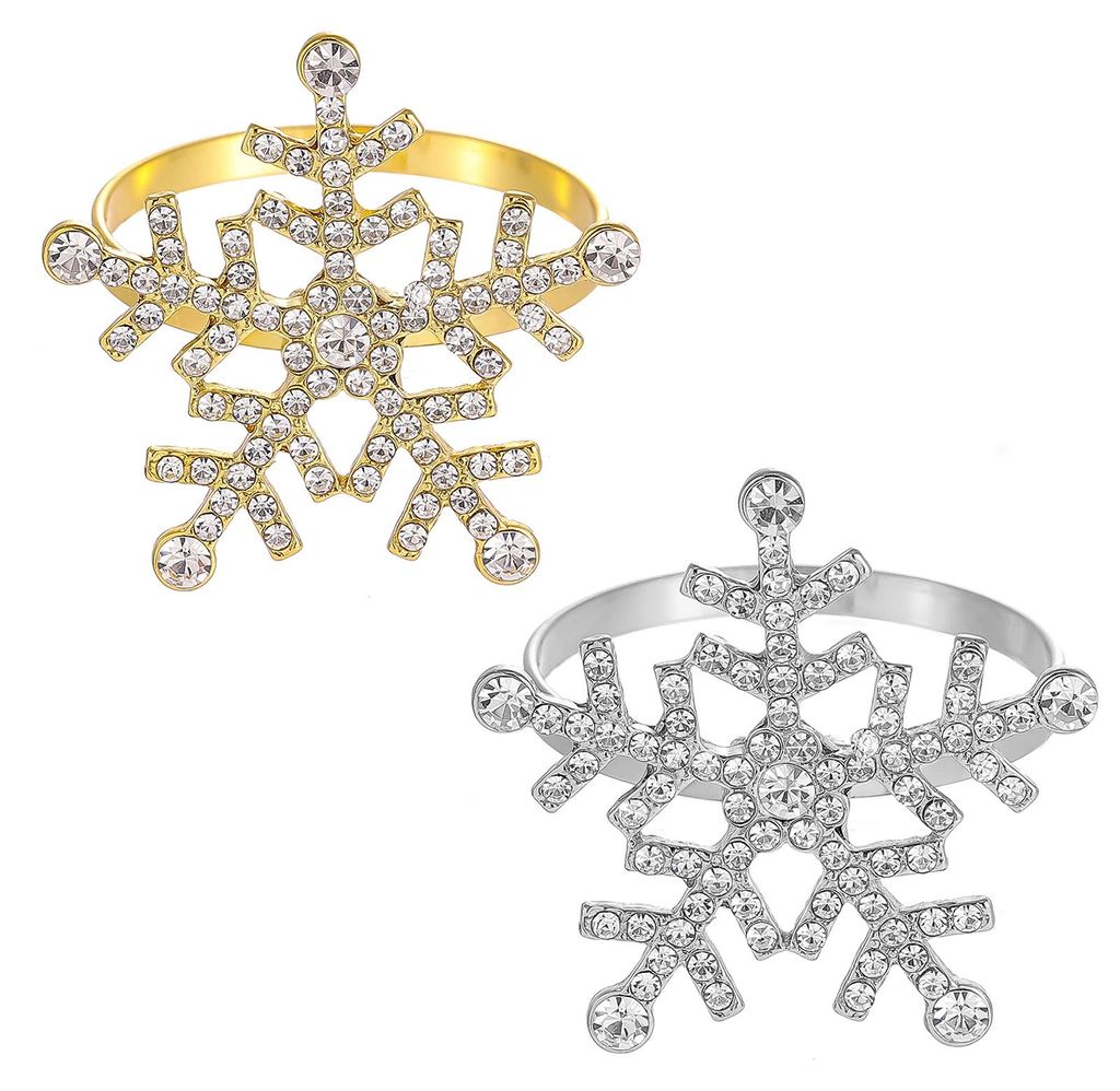 1/2/6 Stück goldene Serviettenringe aus Metall mit Kunstperlen und Schneeflockenmuster, winterliche Serviettenhalter für Hochzeiten, Partys und T...