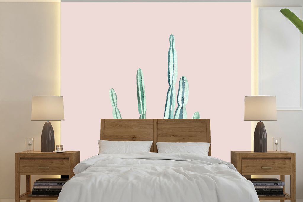 MuchoWow Fototapete für Wohnzimmer oder Schlafzimmer Wandtapete Vinyl Motivtapete Kaktus - Sukkulenten - Rosa - 260x260 cm - Papiertapeten