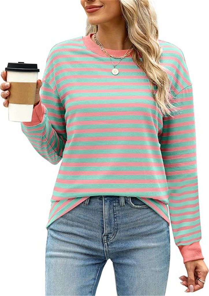 ASKSA Damen T-Shirt Rundhals Langarm Shirts Gestreift Basic Elegant Casual Lose Frauen Tunika Oberteile (Hellgruen,2XL)