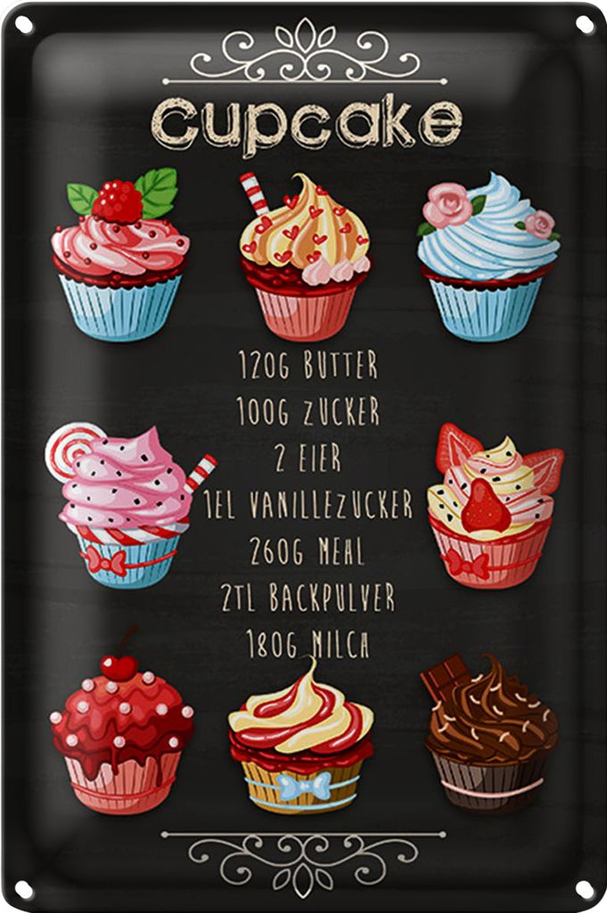 Blechschild Rezept 40x30cm Cupcake 120G Butter Zucker