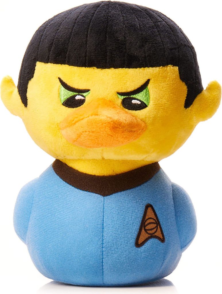 A plush toy duck dressed as the Star Trek character Spock, shown from the chest up against a white background.