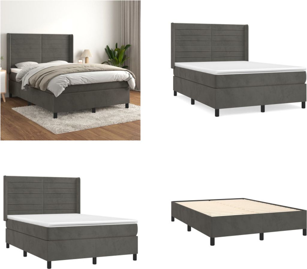 vidaXL Boxspringbett mit Matratze Dunkelgrau 140x200 cm Samt - Boxspringbett - Boxspringbetten - Bett - Schlafzimmermöbel