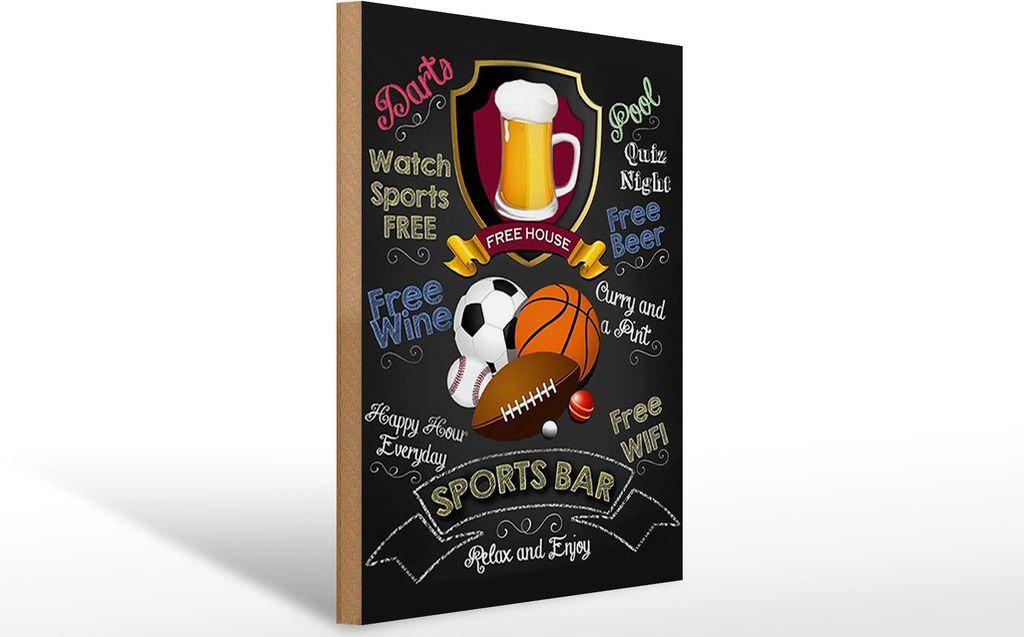 Holzschild Sports Bar Dart Basketball Football Golf, 40x30 cm, Holzschilder Spruch Sport Hobby