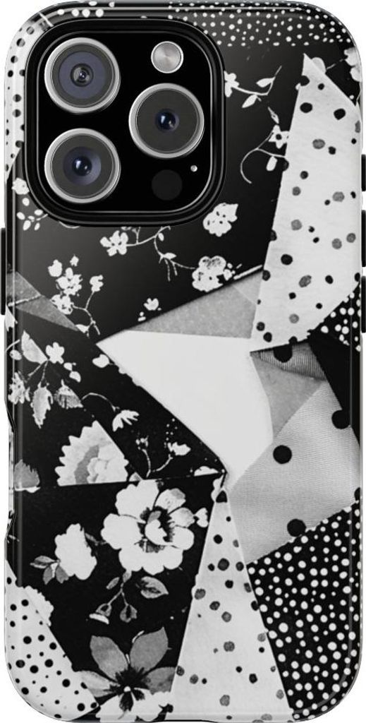 Monochromes Blumen- und Punktmuster im Patchwork-Stil – Hülle Kompatibel mit iPhone 16 Pro