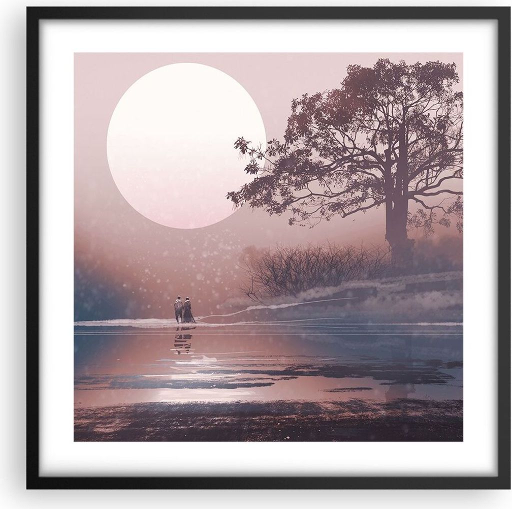 Gerahmtes Poster - Schwarzer Rahmen - Mond Paar Baum - 50x50 cm - Wand Bild - Wanddeko - Wandbilder - Kunstposter - Wandposter - Bilderrahmen - Bil...