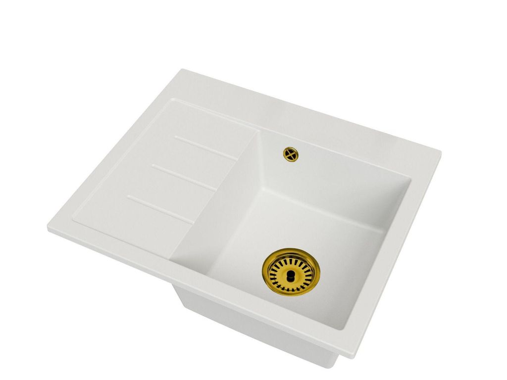 Granitspüle Einbecken EXCLUSIVE 60 Links – Weiß mit Siphon in Goldfarbe