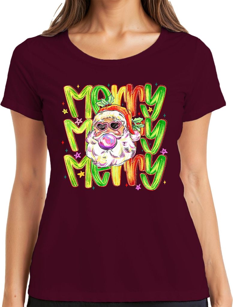 Merry Merry Weihnachtsmann Bubblegum Herzbrille bunt Retro Damen T-Shirt, Burgundy, XXL