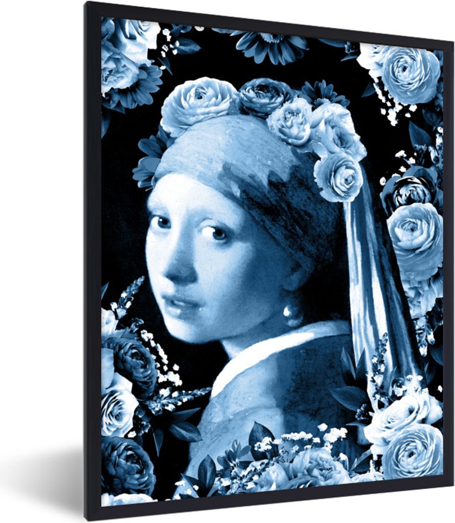 MuchoWow Gerahmtes Poster Mädchen mit einem Perlenohrring - Rosen - Delfter Blau 60x80 cm - Poster mit Schwarzem Bilderrahmen Wandposter Rahmen ...