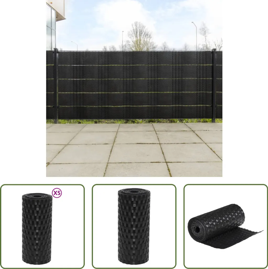 Protection de Balcon 255x19 cm en Poly Rotin Noir Durable - 5 Panneaux