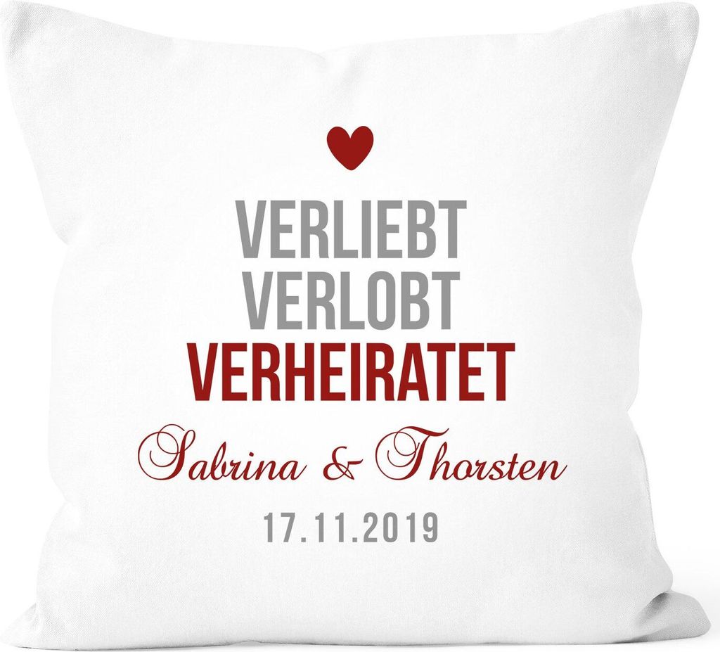personalisierbares Hochzeitskissen mit Namen und Datum verliebt verlobt verheitet Hochzeitsgeschenk Geschenk personalisiert SpecialMe weiß unisize