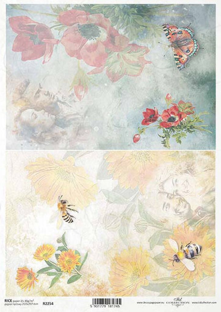 ITD Reispapier Decoupage Bastelpapier Serviettentechnik-R2254 Blumen, Bienen, Mohnblumen, Schmetterlinge