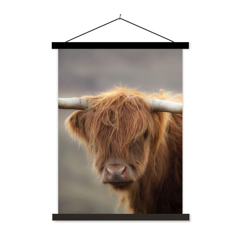MuchoWow Textilposter Schottischer Highlander - Hörner - Haare 120x160 cm mit schwarzem Rahmen - Magnetischer