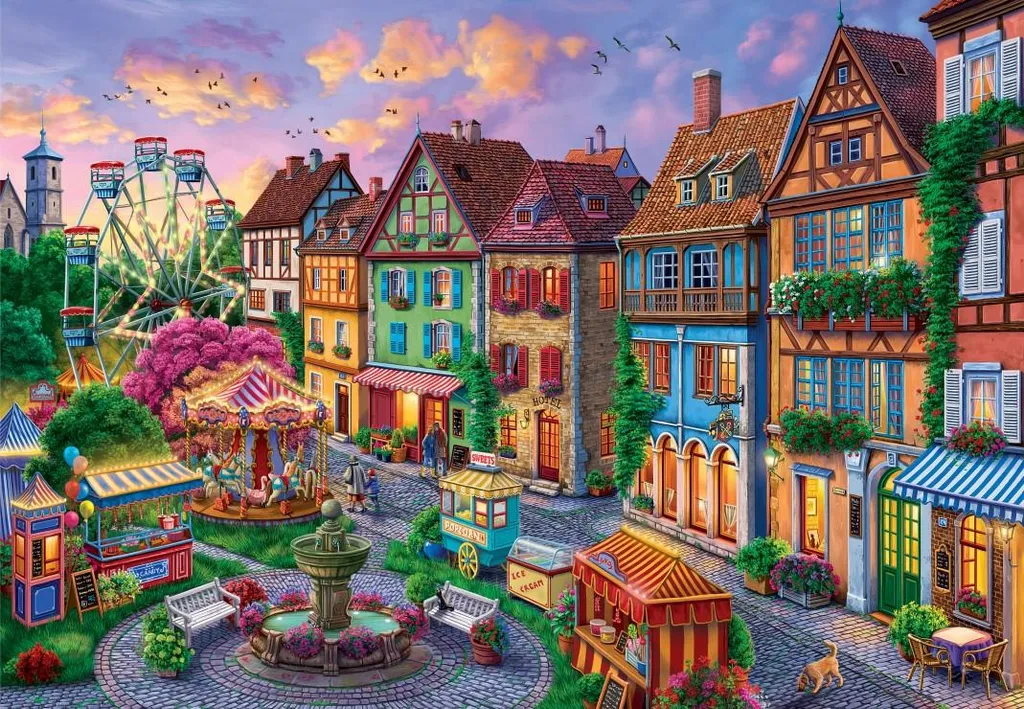 Puzzle 1000 pièces Bluebird : Scène de fête foraine et ville animée 2D