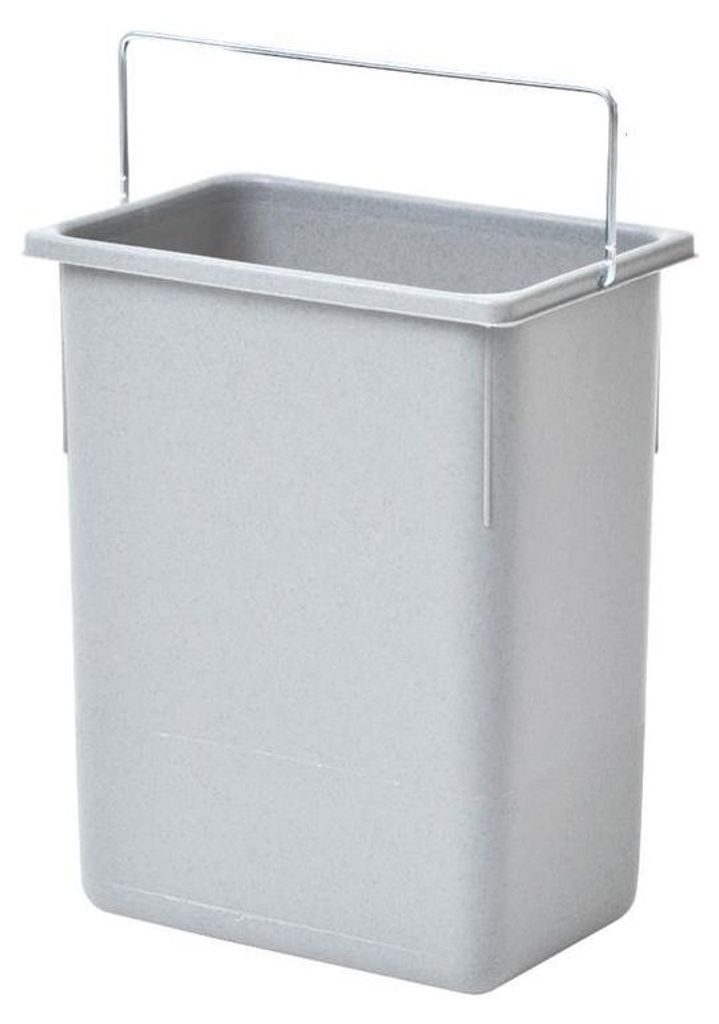 A light gray rectangular trash can with a silver wire handle, shown from a slightly diagonal front-facing angle against a white background.