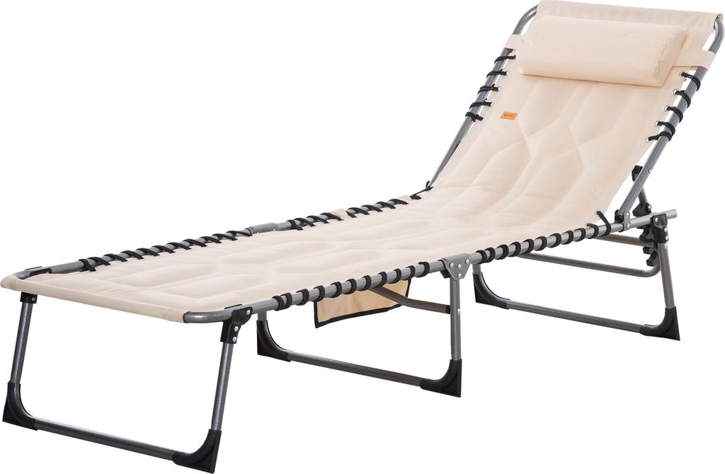 Sonnenliege, Faltbare Gartenliege, Klappliege mit Kissen, 5-stufige Rückenlehne, Oxfordstoff, 188 x 57 x 30 cm, Beige