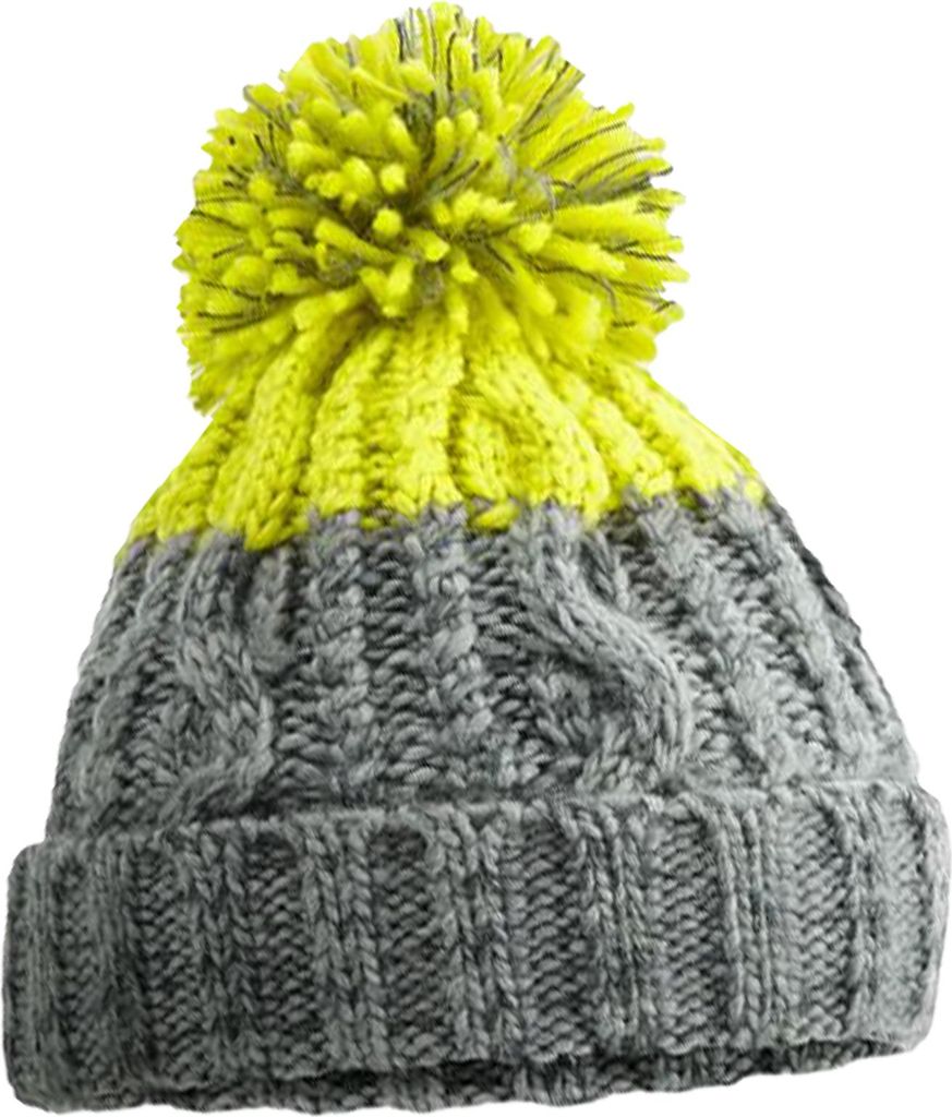 Wintermütze Uni mit Fleecefutter – Strick Beanie mit Bommel, Farbe:Gelb