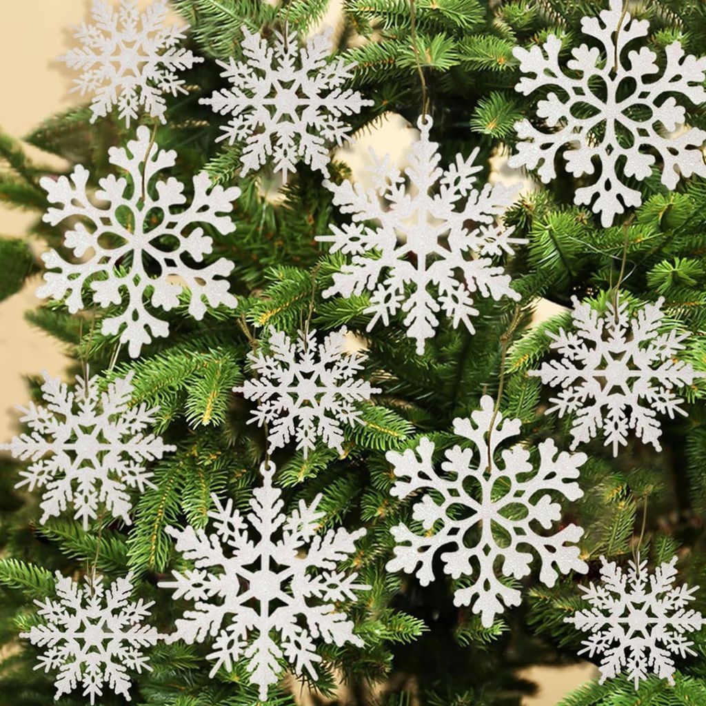 36 Stück Schneeflocken-Christbaumschmuck, Schneeflockenornamente für den Baum, glitzernde weiße Schneeflockenornamente aus Kunststoff, Weihnacht...