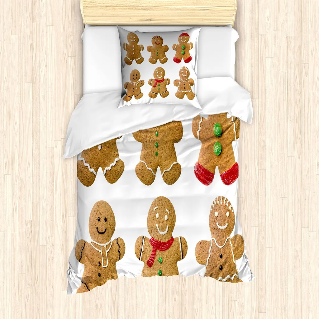 ABAKUHAUS Set copripiumino uomo di pan di zenzero, Vivaci biscotti fatti in casa zuccherosi dolci natalizi deliziosi, 135 x 200 cm + 80 x 80 cm, Marrone pallido Rosso Verde
