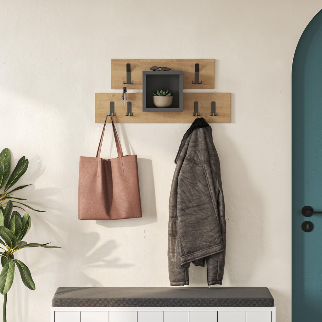 DECORTIE Lumina Hänger,Wandgarderobe, Saphir Eiche - Antrazit , 68 x 32 x 15 cm