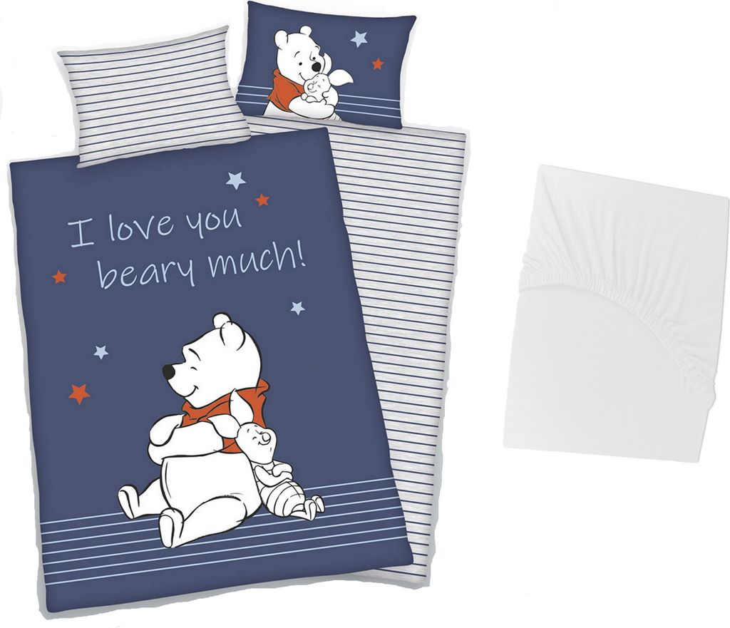 3 tlg Baby Bettwäsche Set - Winnie Pooh Love You Beary Much - Renforcé - 40x60 100x135 cm + 1 Spannbettlaken weiß 60x120 - 70x140 cm