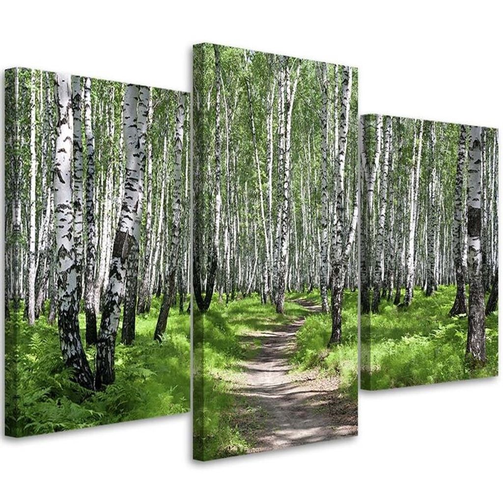 Triptychon auf leinwand birkenwald 120x80 cm Feeby grün wandbild bereit zum aufhängen