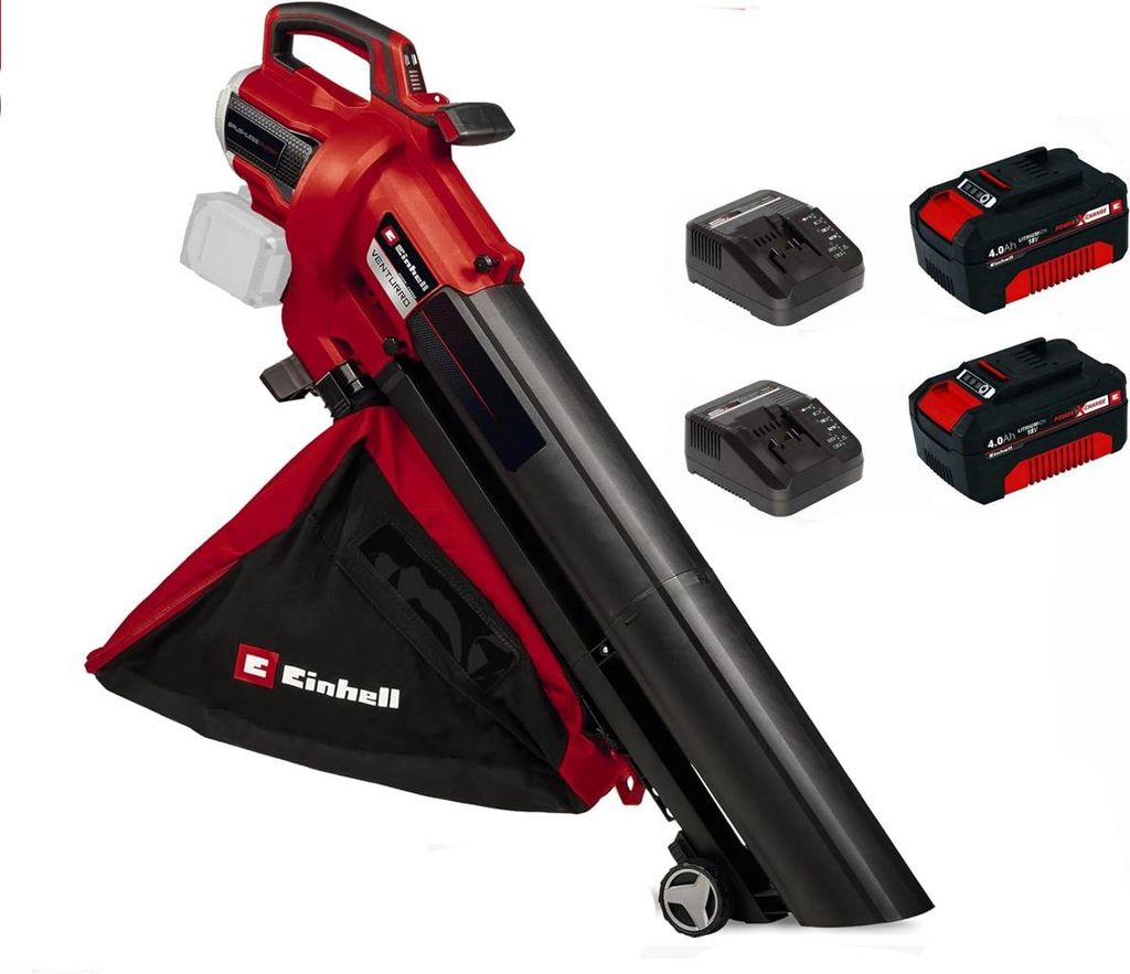 A red and black leaf blower with two batteries and two chargers on a white background.