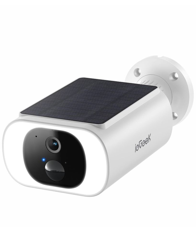 A white security camera with a solar panel on top, mounted on a white bracket.