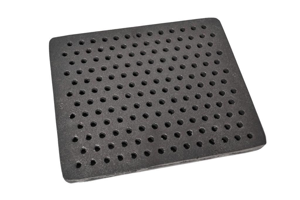 A square cast iron grate with many small holes, shown from a slightly elevated angle against a white background.