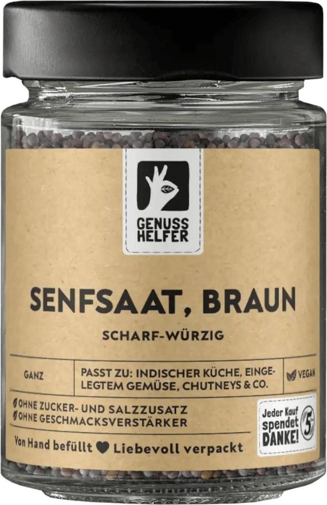 Senfkörner braun, ganz, Senfsamen mit scharf-würzigem Geschmack, Senfsaat zum Kochen und Braten, ideal zum Einlegen von Gemüse, 110g im Glas