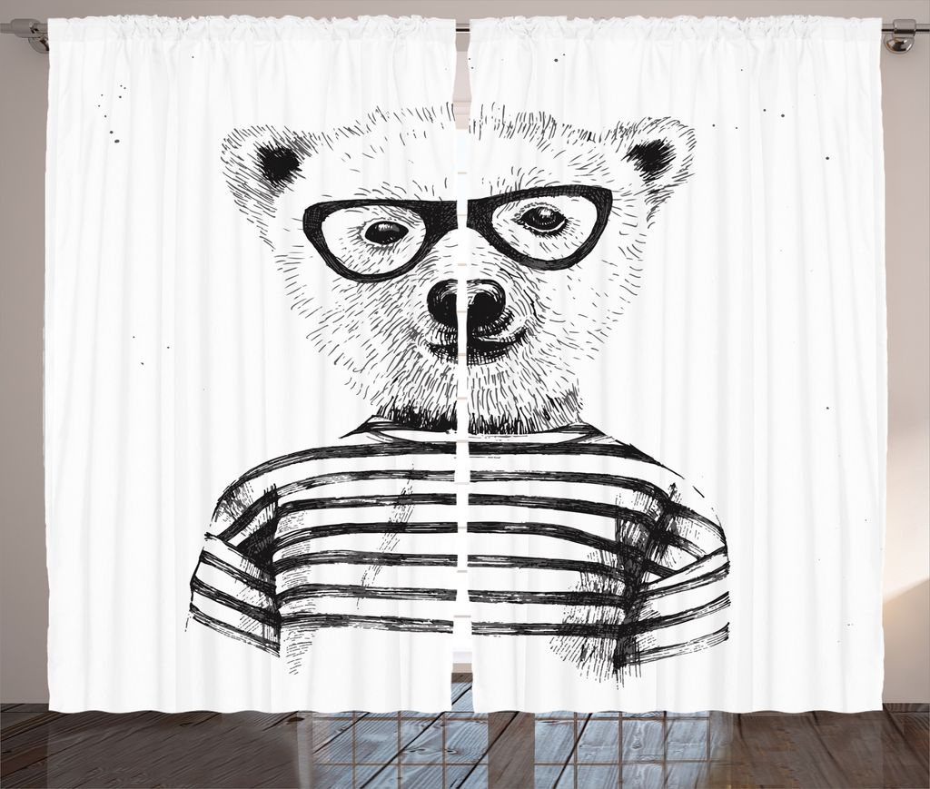 ABAKUHAUS Hipster Rustikaler Vorhang, Bär im Gläser-Spaß, Wohnzimmer Universalband Gardinen mit Schlaufen und Haken, 280 x 225 cm, Weiß Schwarz
