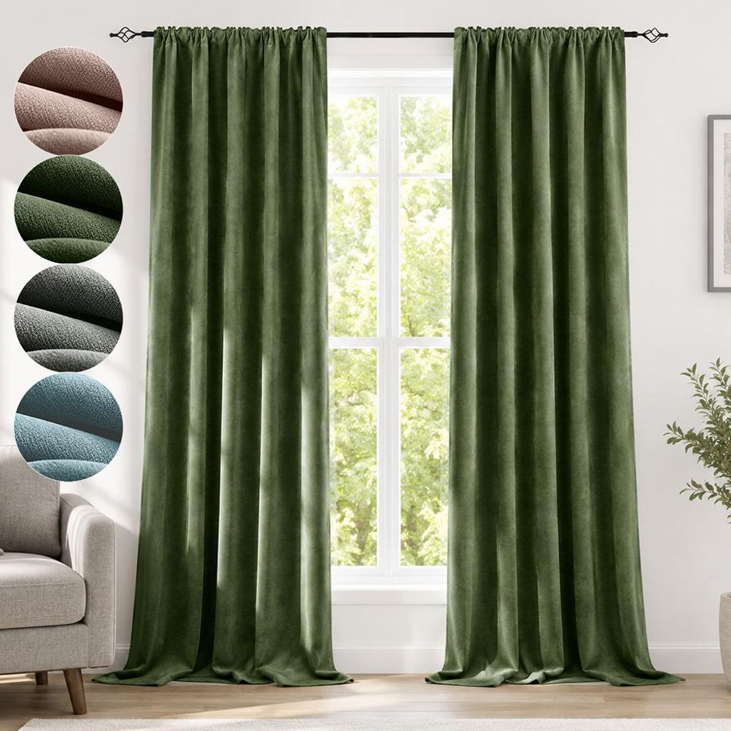 Chenille Vorhänge Grün 2er Set Blickdicht 98% - 510GSM Produktbild 