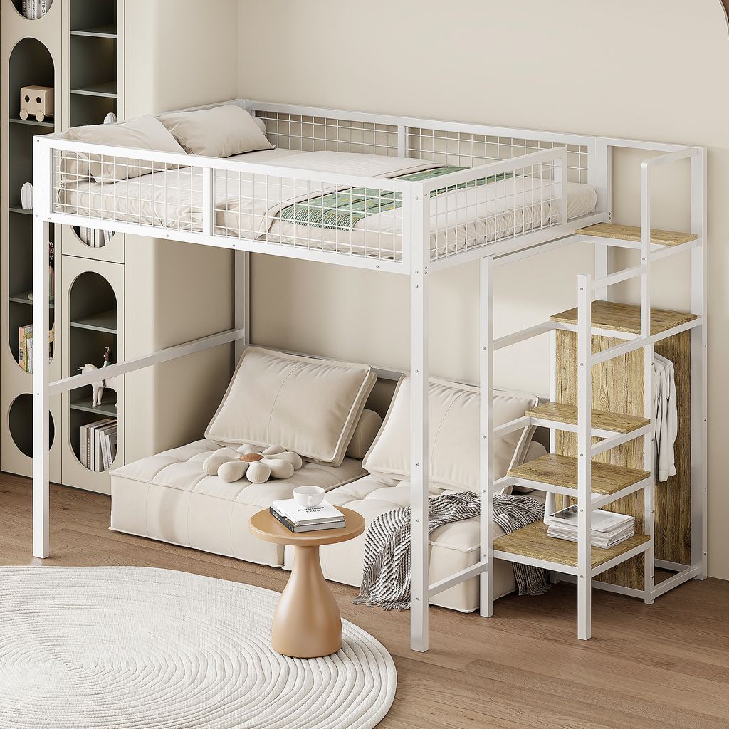 A loft bed with a sofa underneath, set up in a bedroom with a bookshelf in the background.