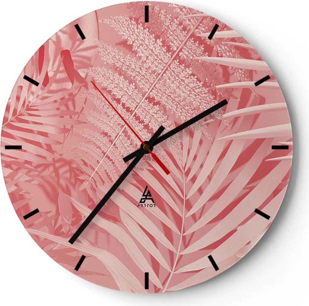 Wanduhr - Rund - Glasuhr - Rosa Blätter Palmen - 40x40cm - Schleichendes Uhrwerk - Lautlos - zum Aufhängen bereit - Dekoration Modern - Wanddekor...