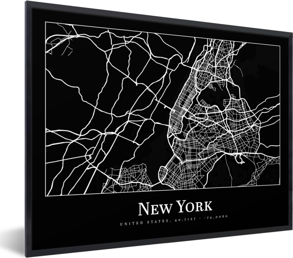 MuchoWow Gerahmtes Poster Karte - New York - Stadtplan - Karte 80x60 cm - Poster mit Schwarzem Bilderrahmen Wandposter Rahmen Foto Bilder - Schwa...
