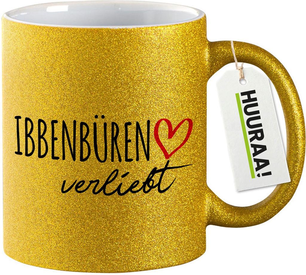 Huuraa Glitzertasse Ibbenbüren verliebt 330ml Gold Keramik Kaffeebecher Geschenkidee
