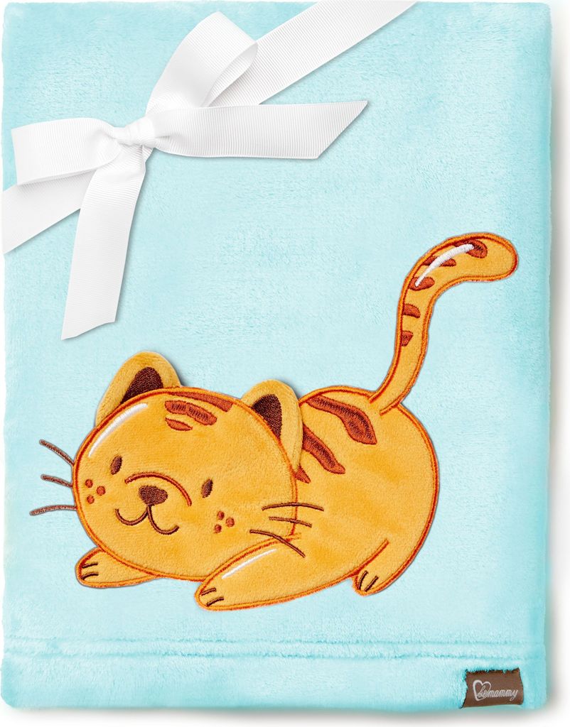 Be Mammy Kuschlige Babydecke Kuschel Decke Tagesdecke mit 3D Applikation 76 x 102 cm BE20-168 (Puderblau - Katze, 76 x 102 cm)