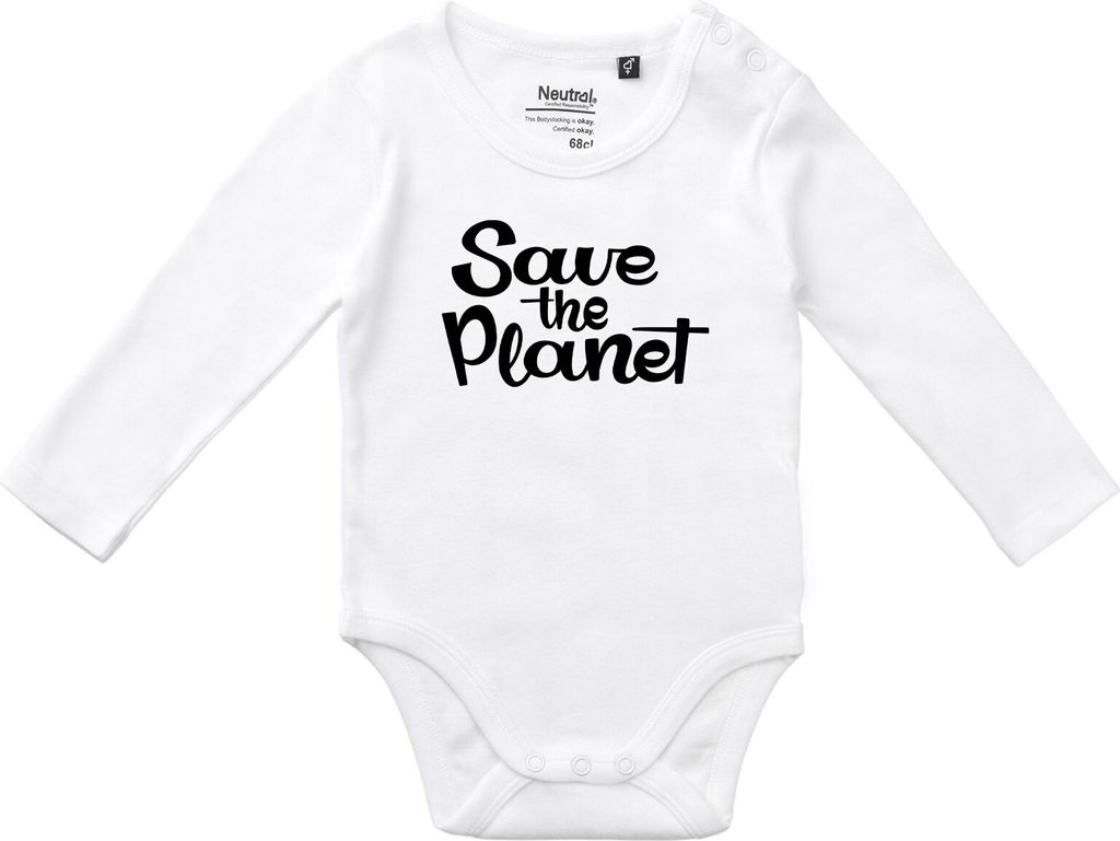 Huuraa Baby Body Save the Planet Schriftzug 68 White Baumwolle Fairtrade Langarmbody Geschenkidee