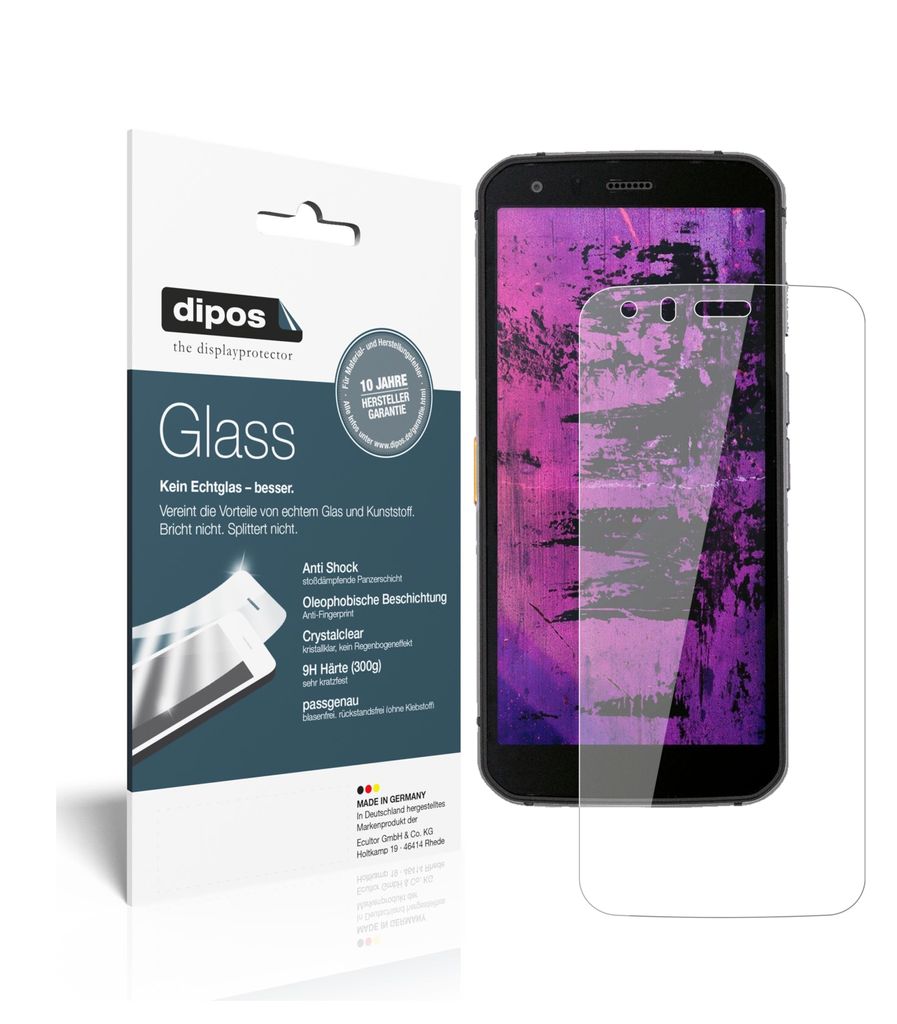A product package for a screen protector is shown next to a smartphone with the screen protector applied.